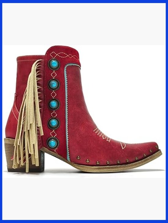Shoes - Fringe Studded Cowgirl Ankle Booties with Turquoise Stones